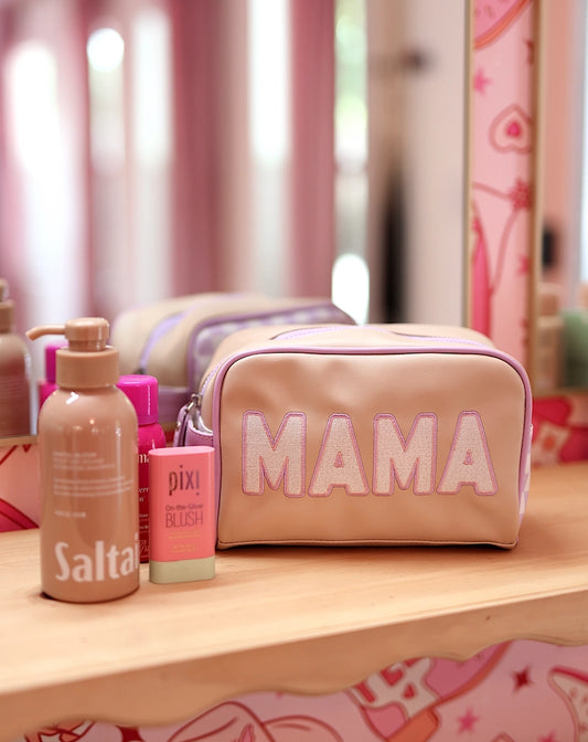 Handle Cosmetic Bag- 'mama' Embroidered (Lavender/Cream/Tan)