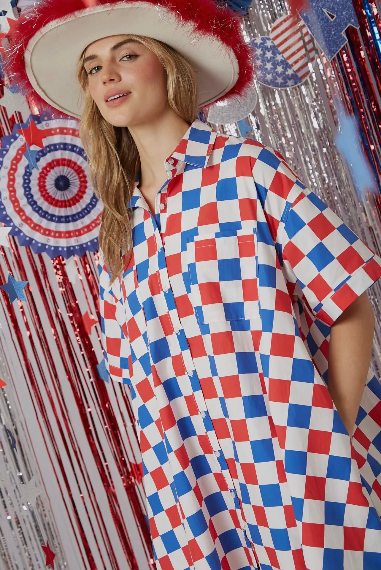 Red White and Blue Checker Print Shirt Dress