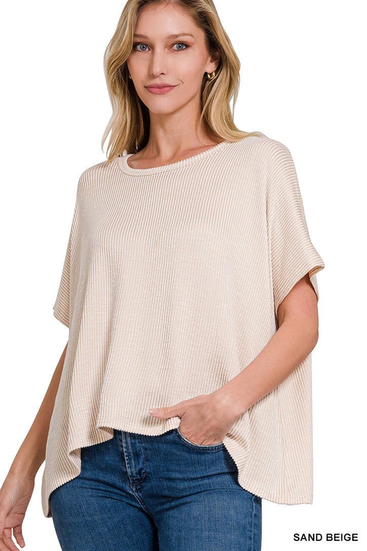 Ribbed Striped Oversized Short Sleeve Top- Sand Biege