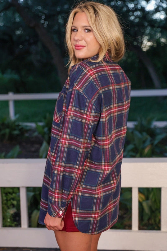 Lola Flannel Tunic Top - Navy