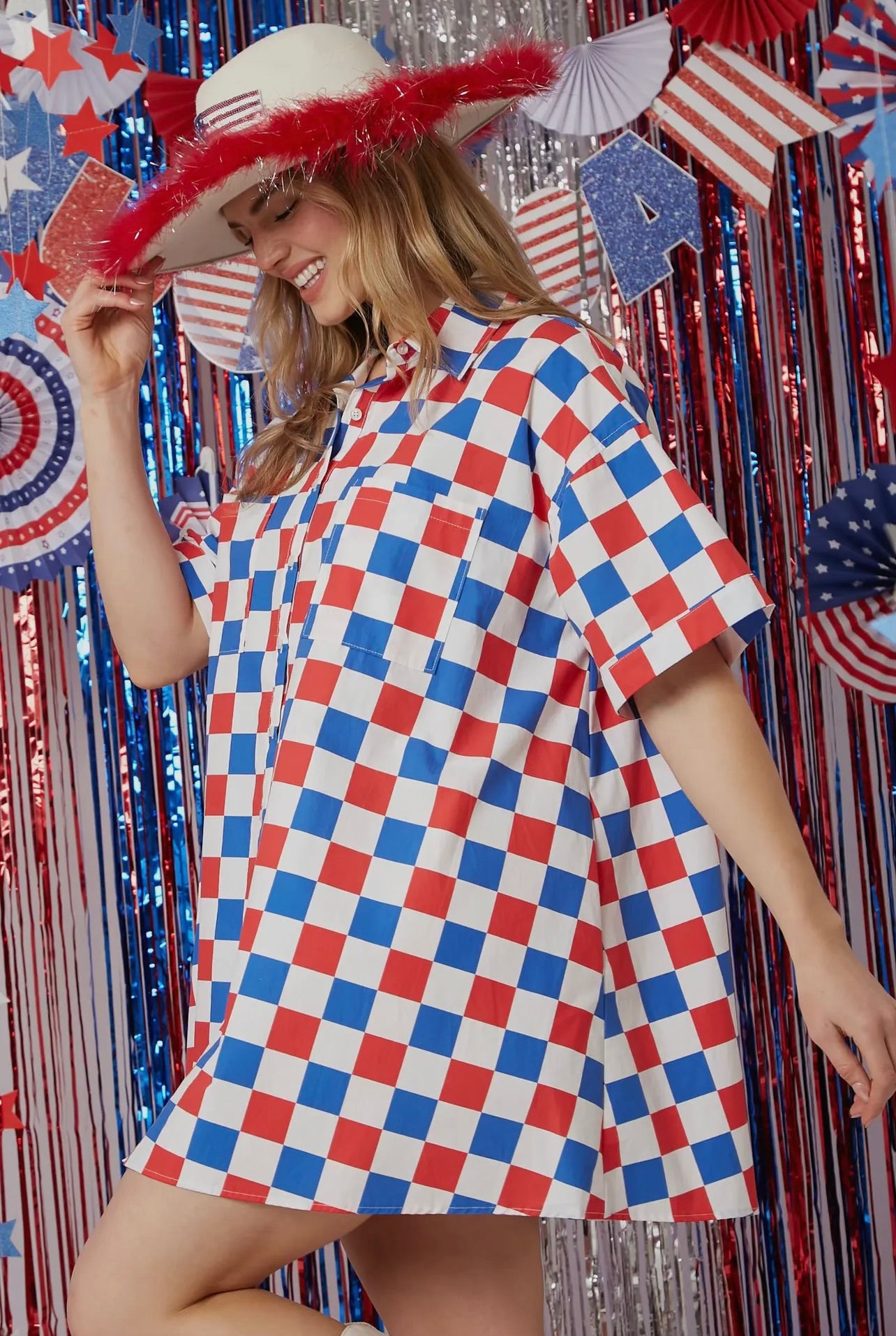 Red White and Blue Checker Print Shirt Dress