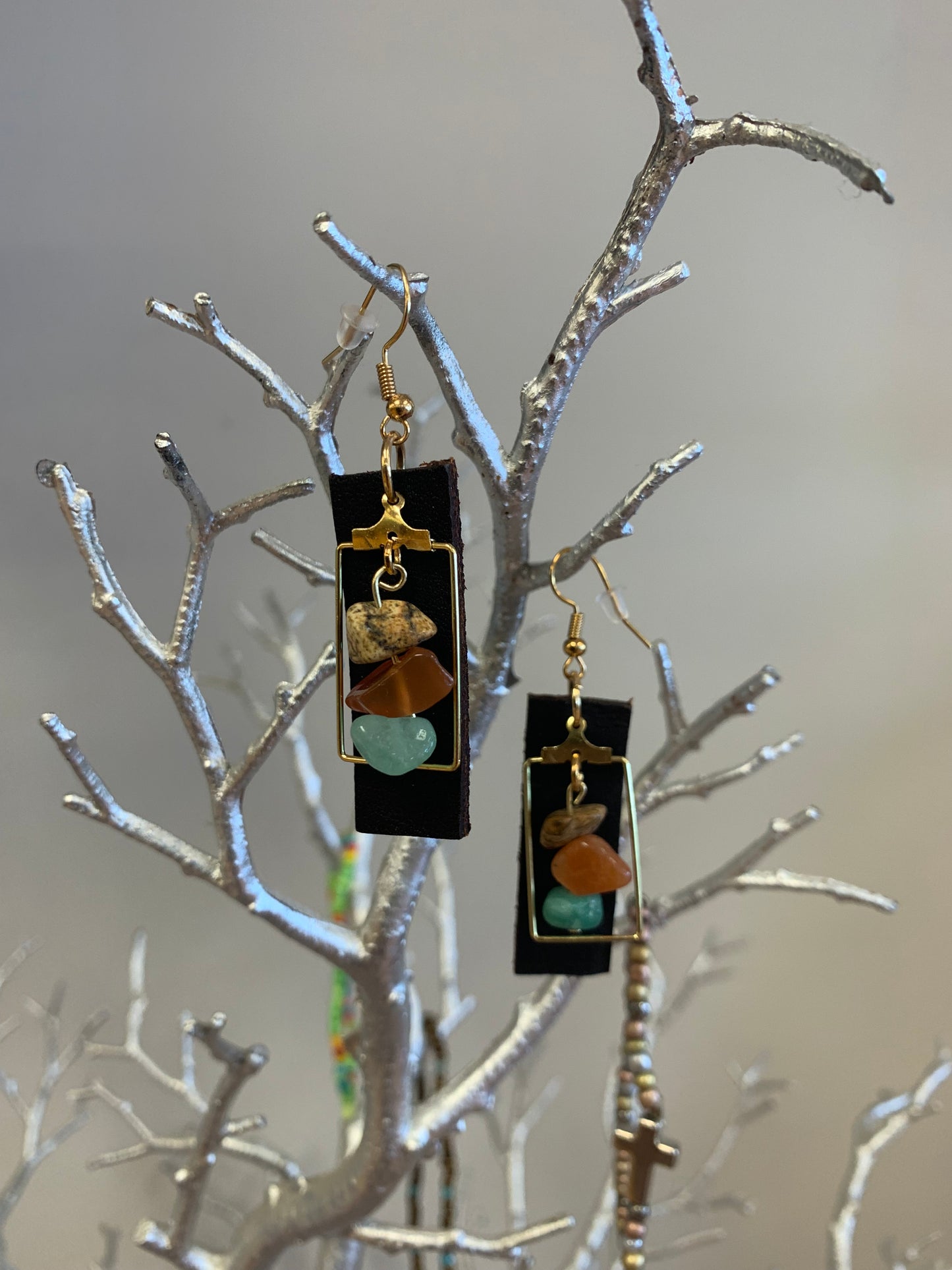 Gemstone and Leather Earrings