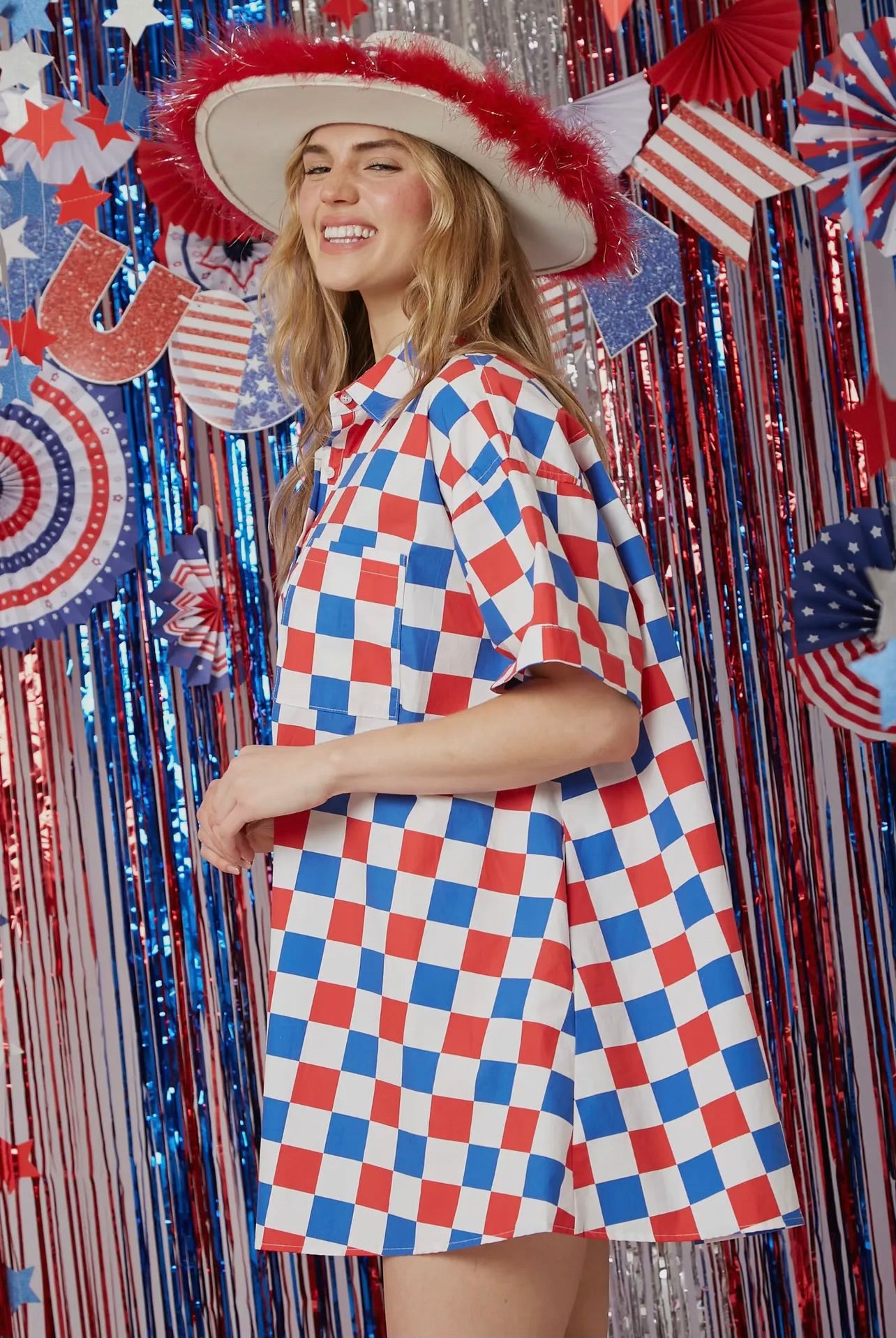 Red White and Blue Checker Print Shirt Dress