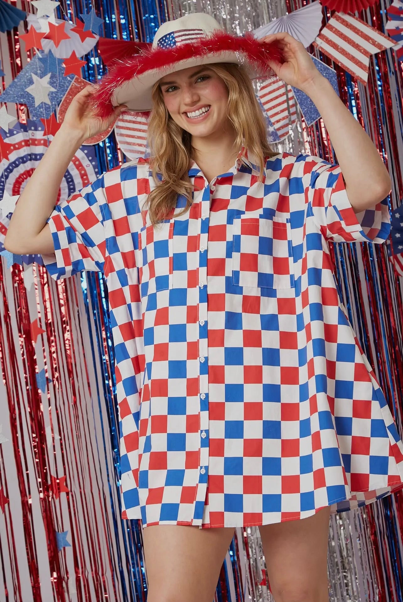 Red White and Blue Checker Print Shirt Dress