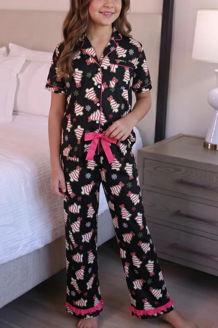 Merry Bow Christmas Treat Ruffle Pajama Set - Youth