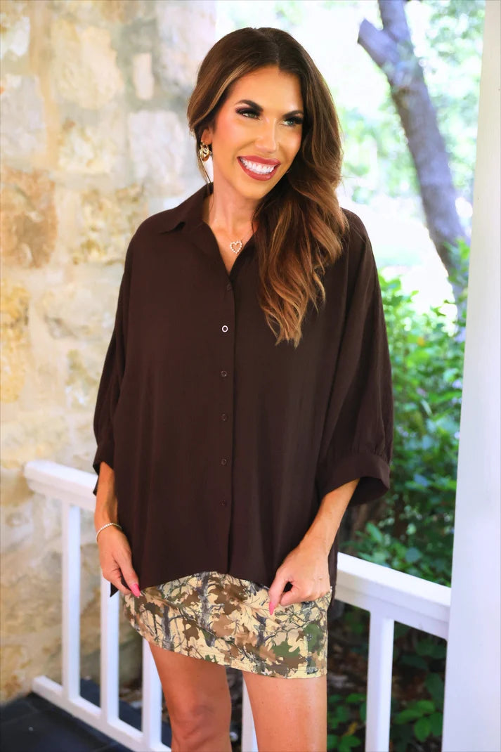 Sloane Button Up Top- Chocolate
