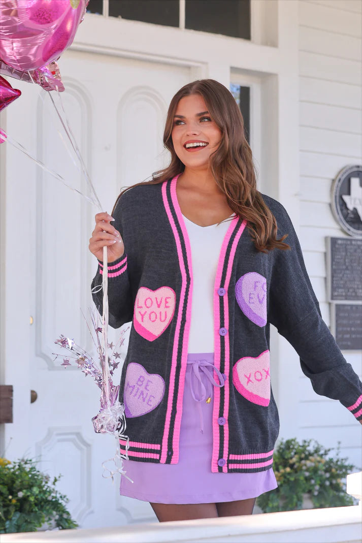 Chenille Patch Candy Hearts Relaxed Cardigan