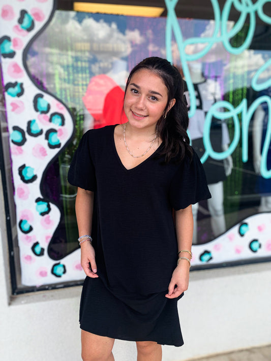 Puff Sleeve Mini Dress- Black