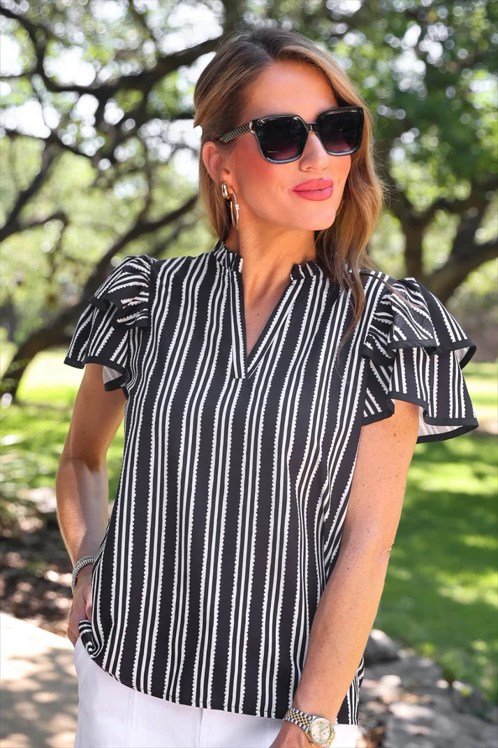 Layla Striped Flutter Sleeve Blouse- Black