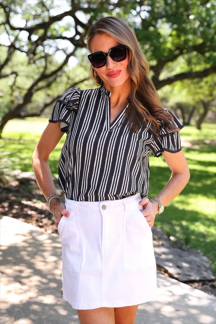Layla Striped Flutter Sleeve Blouse- Black