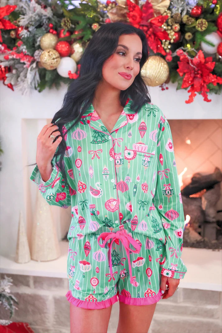 Decked In Ornaments Ruffle Pajama Set