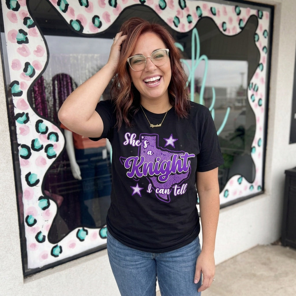 Black She's a Knight I Can Tell graphic tee with purple Texas design