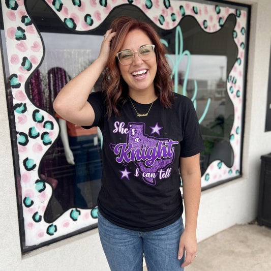 Black She's a Knight I Can Tell graphic tee with purple Texas design