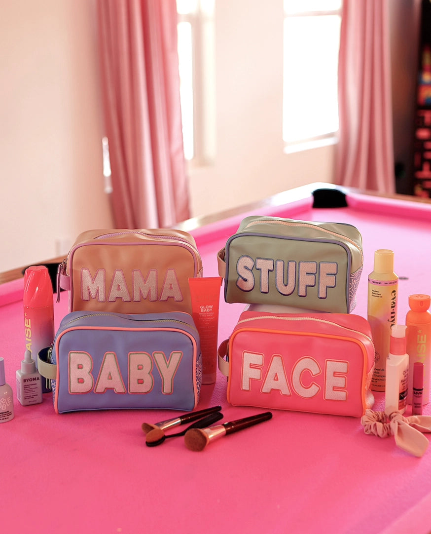 Handle Cosmetic Bag - 'baby' Embroidered (Periwinkle/Coral)