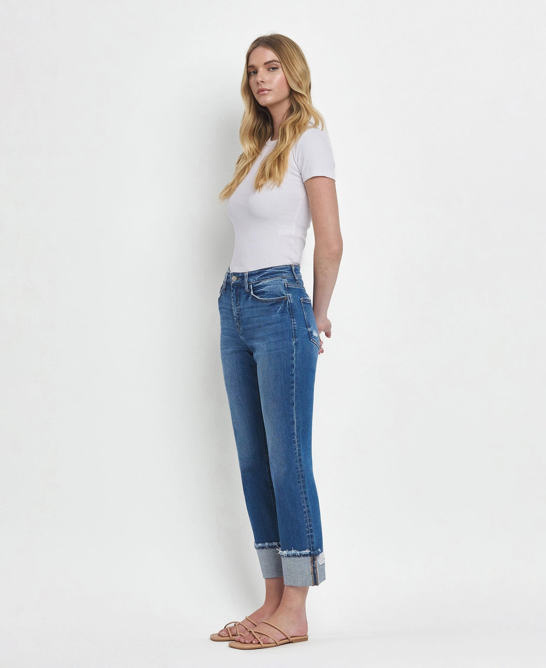 High Rise Cuffed Straight Jeans