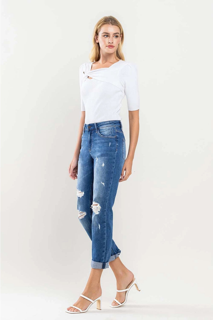 High Rise Distressed Cuffed Boyfriend Jeans