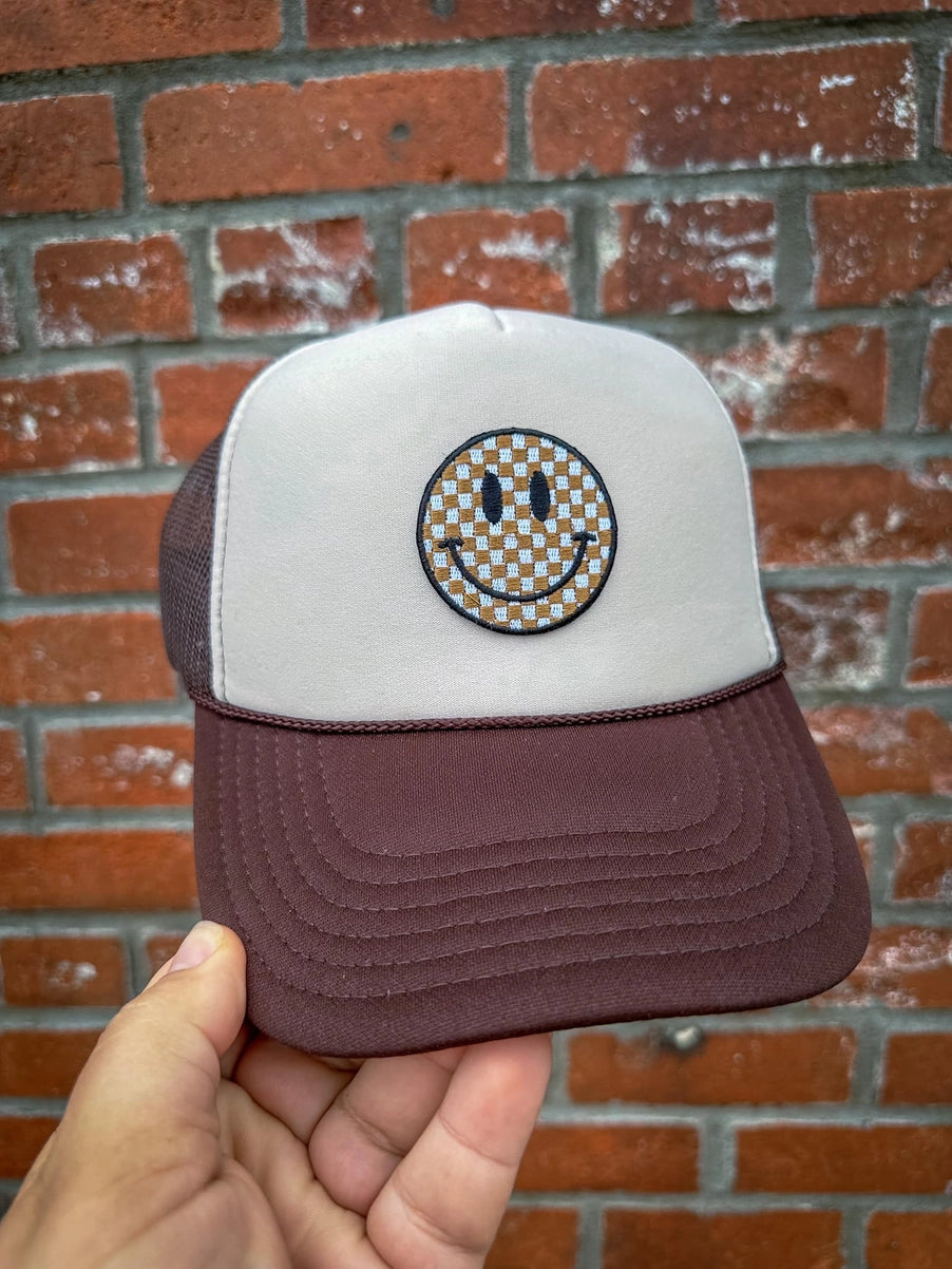 Brown Checkered Embroidered Foam Trucker Hat