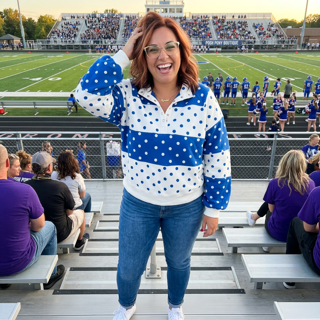 Blue and white polka dot pullover at football stadium