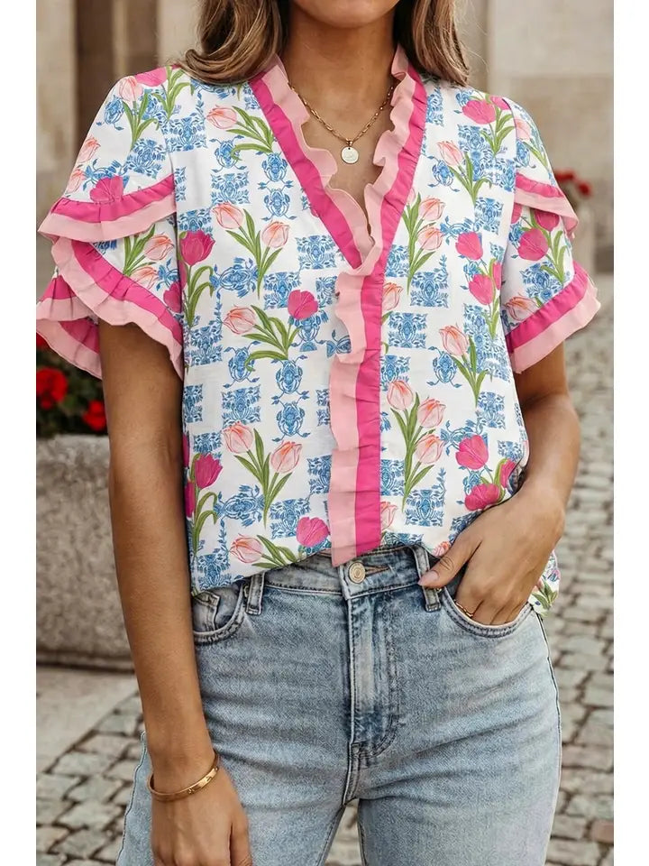 Fun & Flirty Ruffled Trim V Neck Top