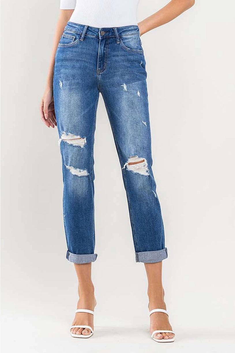 High Rise Distressed Cuffed Boyfriend Jeans