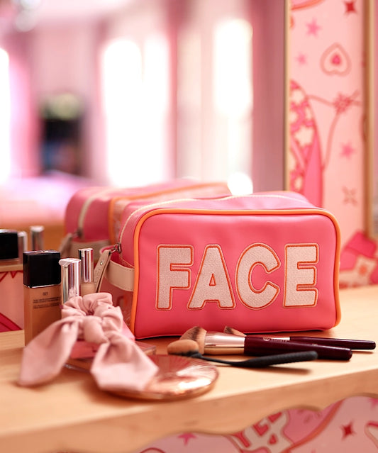 Handle Cosmetic Bag- 'face' Embroidered (Pink/Orange/Cream)