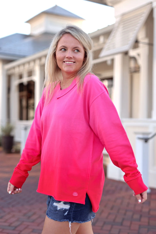 Terry V-Neck Pullover- Cherry Pink