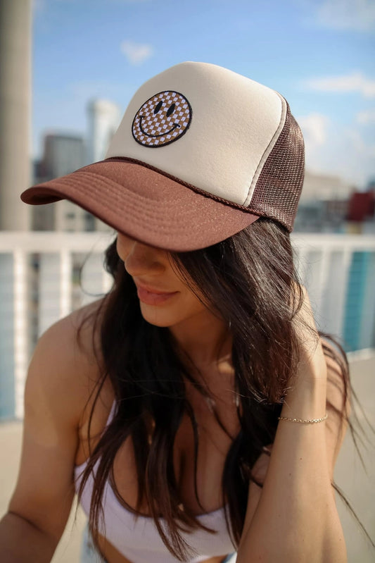 Brown Checkered Embroidered Foam Trucker Hat