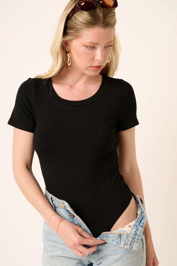Round Neck Tee Bodysuit- Black