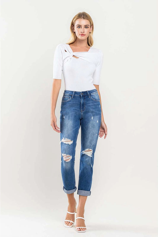 High Rise Distressed Cuffed Boyfriend Jeans