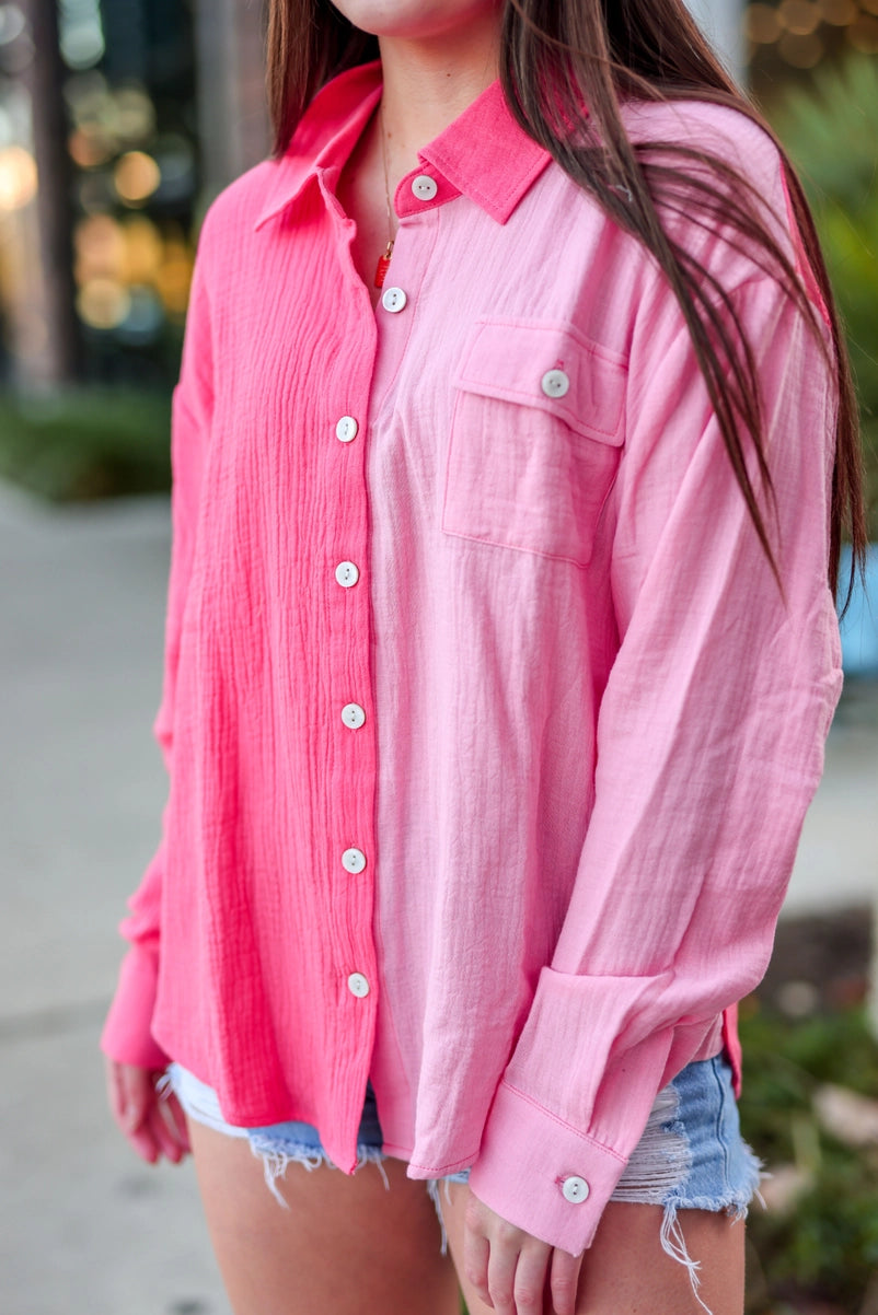 Everyday Gauze Top - Bright Coral Combo