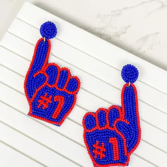 #1 Go Foam Finger Beaded Dangle Earrings - Blue & Red