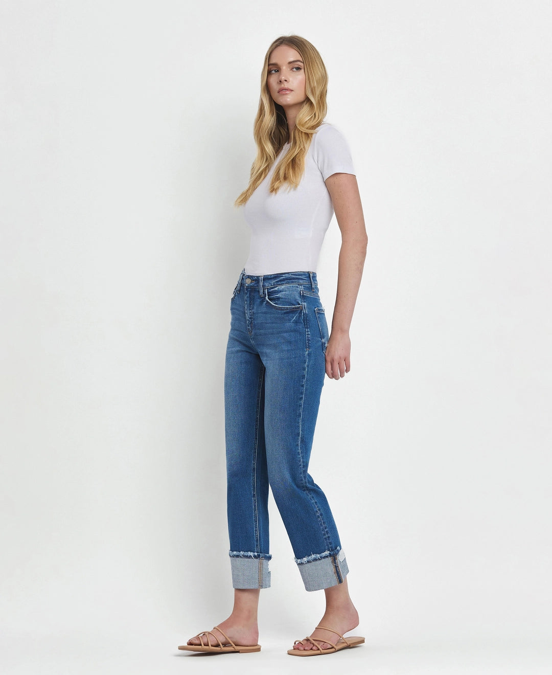 High Rise Cuffed Straight Jeans