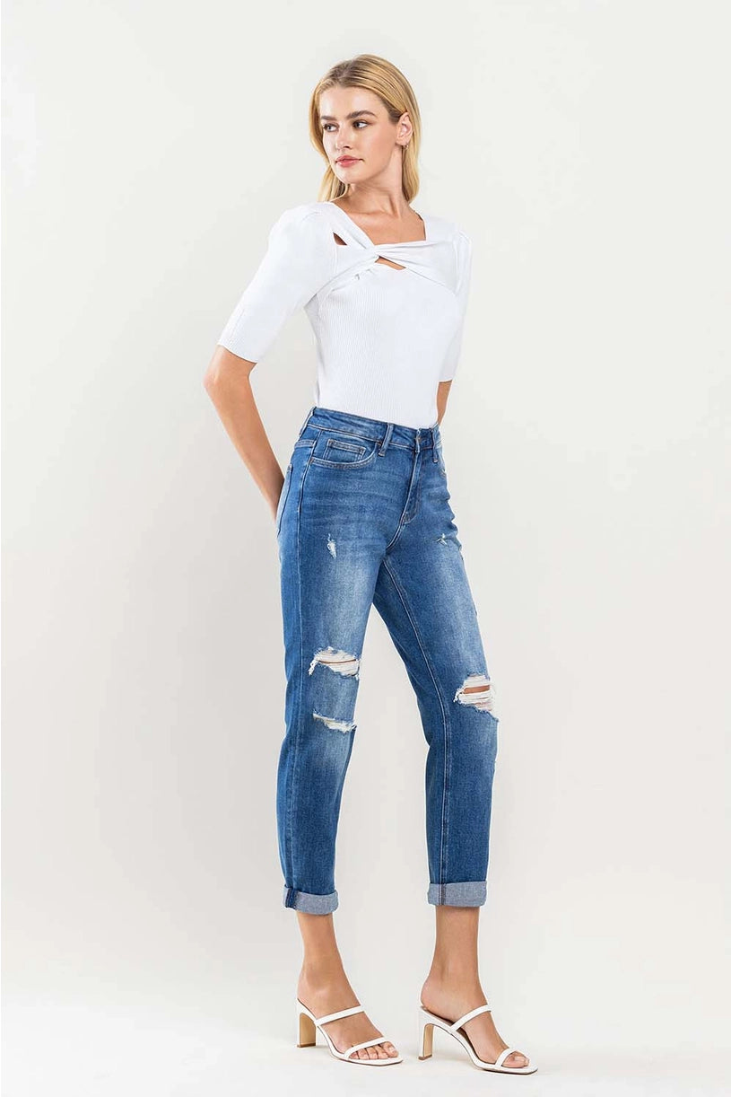 High Rise Distressed Cuffed Boyfriend Jeans