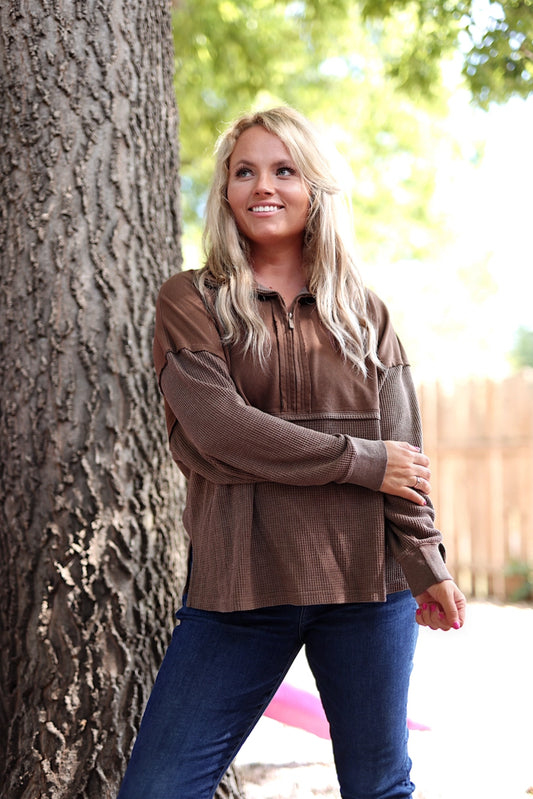 Ready or Not Waffle Quarter Zip- Espresso