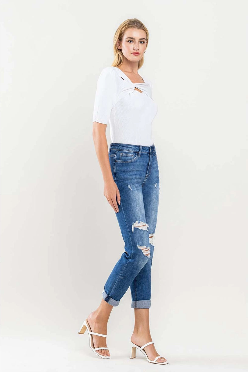 High Rise Distressed Cuffed Boyfriend Jeans