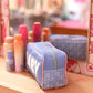 Handle Cosmetic Bag - 'baby' Embroidered (Periwinkle/Coral)