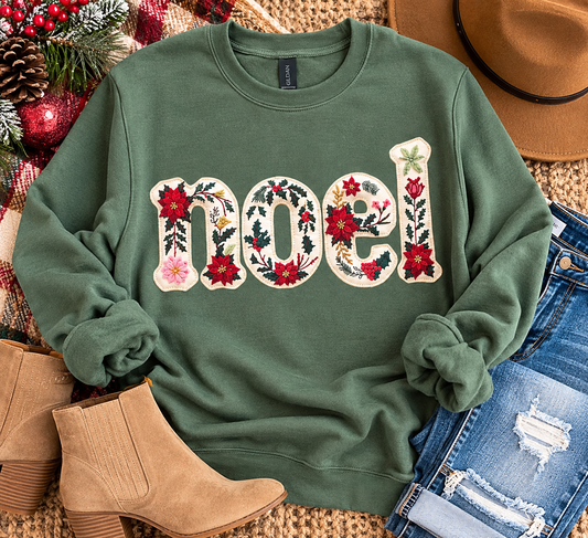 Forest green floral Noel Christmas crewneck sweatshirt flat lay