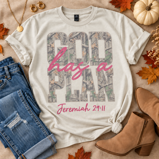 Cream short sleeve God Has a Plan Jeremiah 29:11 graphic T-shirt with camouflage lettering and pink script