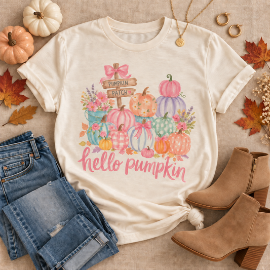Cream short sleeve Hello Pumpkin graphic T-shirt with colorful pumpkins, flowers, bows and pumpkin patch sign