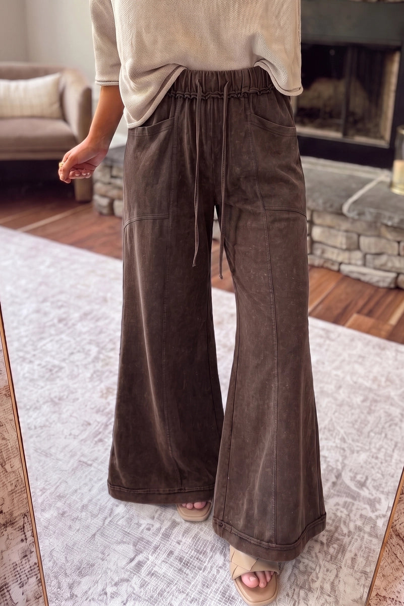 Brown mineral wash cotton wide leg flare pants with drawstring waistband and front pockets
