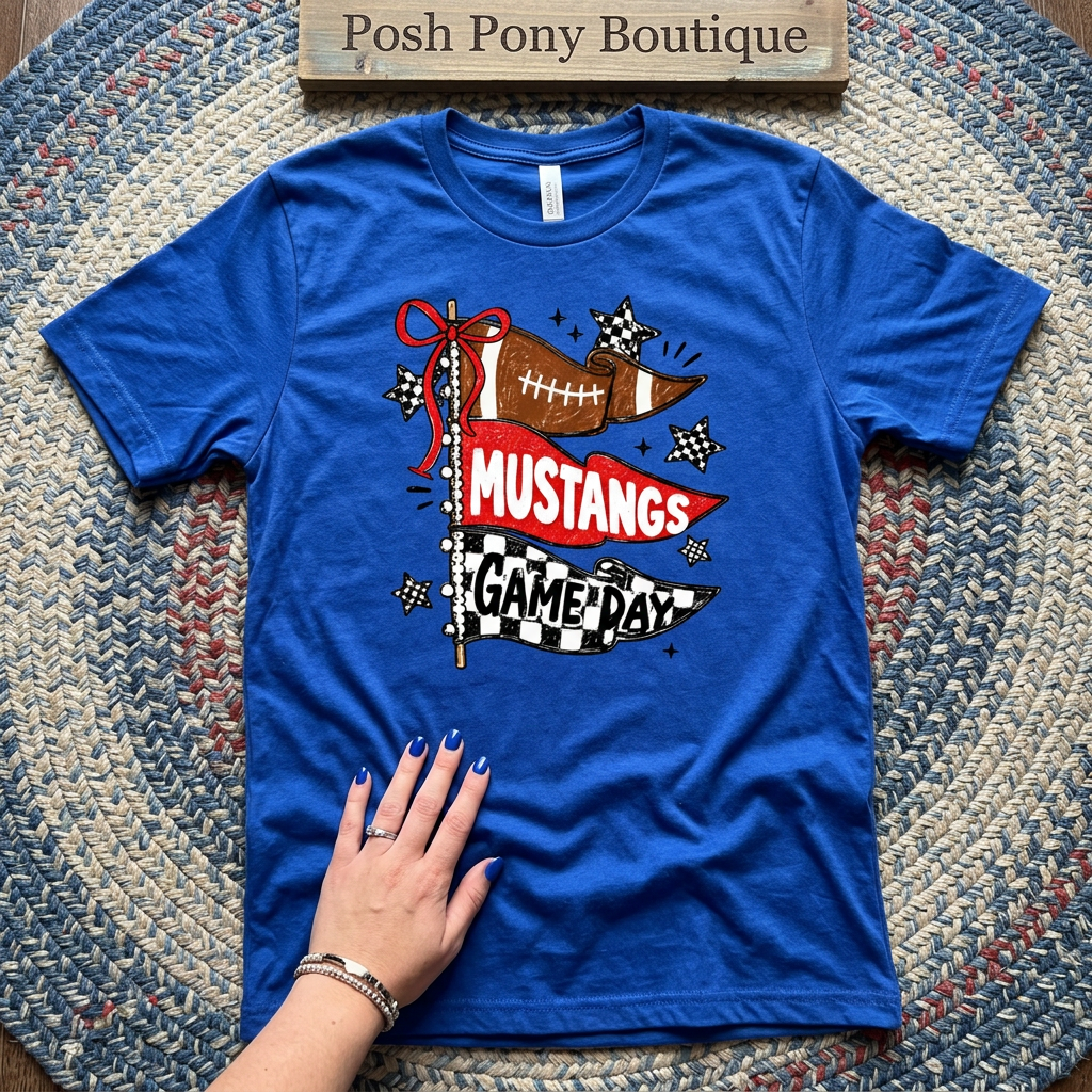 Royal blue short sleeve Mustangs Game Day football pennant graphic T-shirt