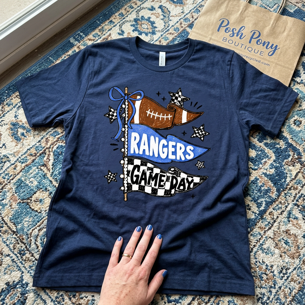 Navy blue Rangers Game Day football pennant graphic short sleeve T-shirt