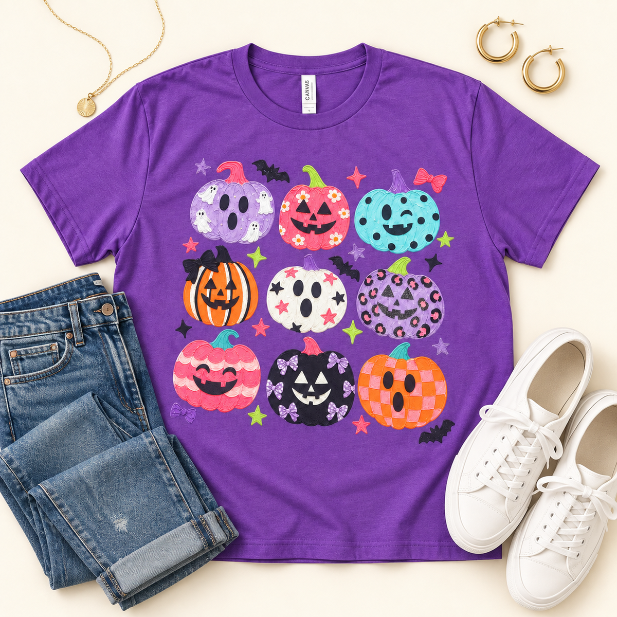 Purple short sleeve Halloween graphic T-shirt with colorful jack-o-lantern pumpkins