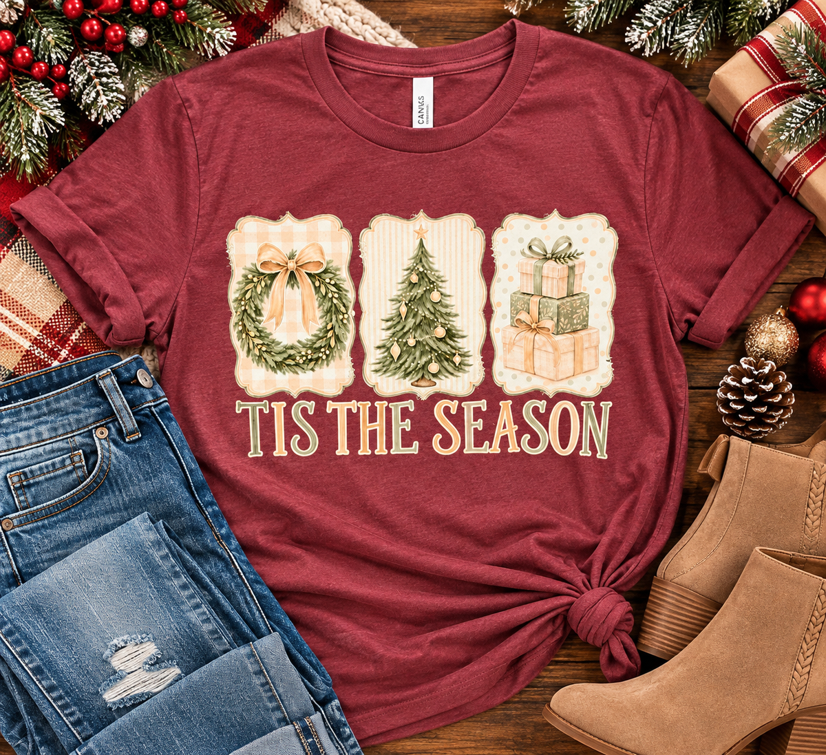 Burgundy Tis the Season Christmas graphic tee styled with jeans and boots