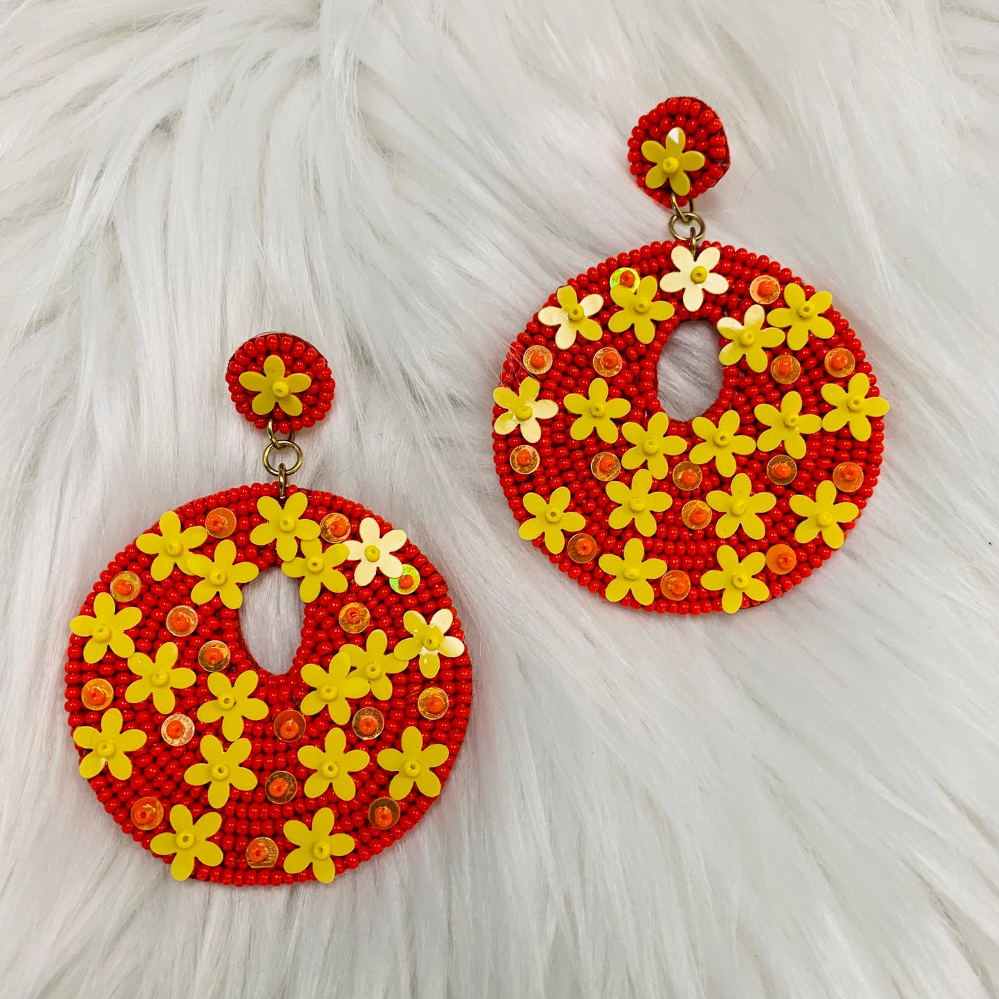 Red with Yellow Floral Seed Bead Earrings